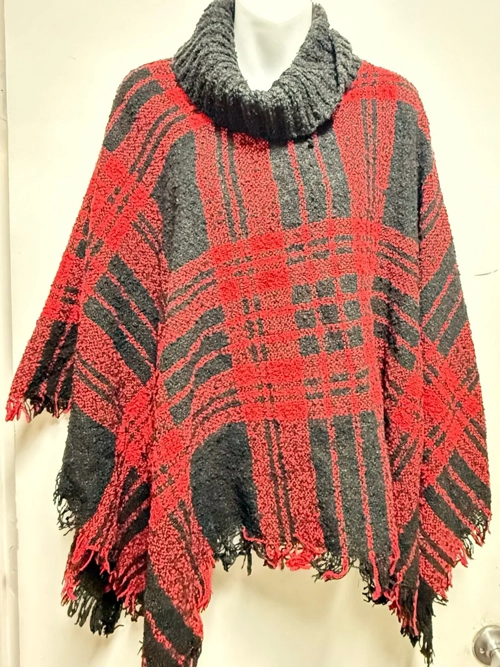 Steve Madden Red and Black Plaid Turtleneck Poncho